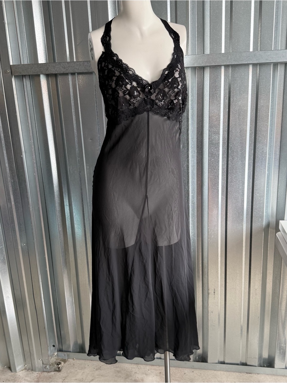Vintage Black Sheer Lace Nightgown Slip Dress Sequin Lingerie Maxi